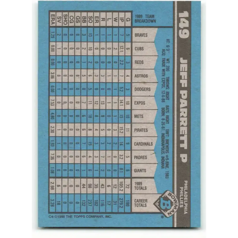 1990 Bowman #149 Jeff Parrett NM-MT Philadelphia Phillies Baseball Card - Baseball Card Single