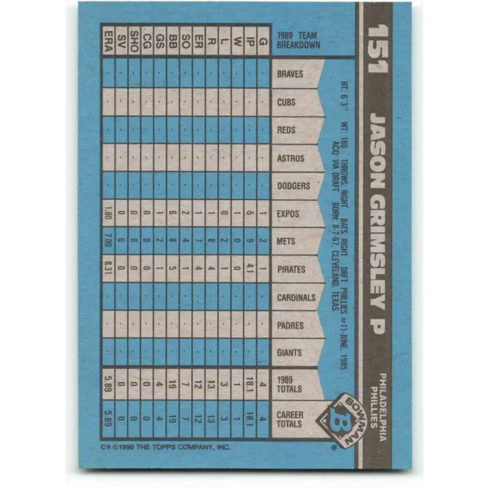 1990 Bowman #151 Jason Grimsley NM-MT RC Rookie Philadelphia Phillies Baseball Card - Baseball Card Single