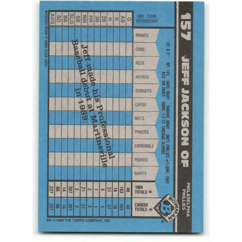 1990 Bowman #157 Jeff Jackson NM-MT RC Rookie Philadelphia Phillies Baseball Card - Baseball Card Single