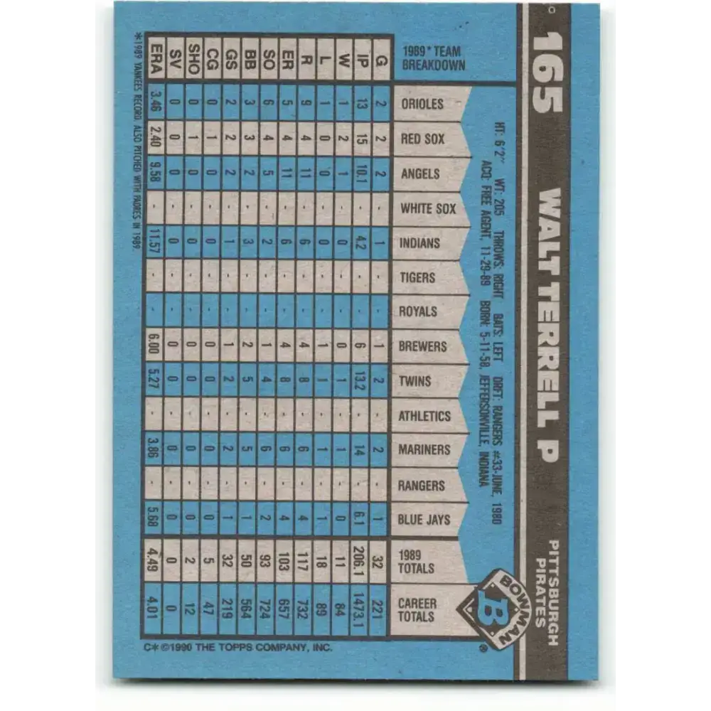 1990 Bowman #165 Walt Terrell NM-MT Pittsburgh Pirates Baseball Card - Baseball Card Single