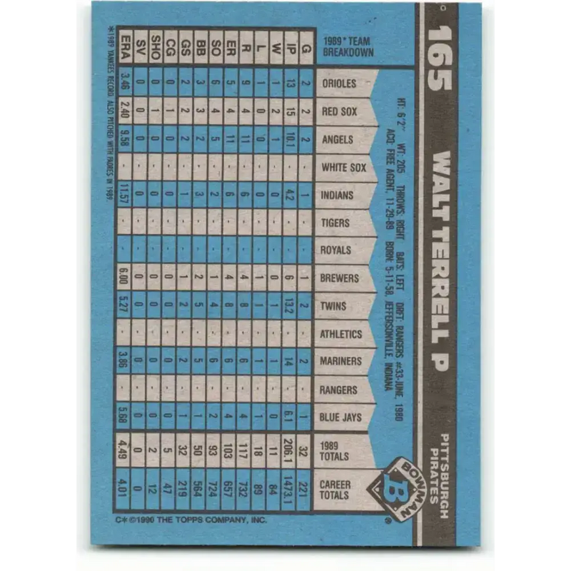1990 Bowman #165 Walt Terrell NM-MT Pittsburgh Pirates Baseball Card - Baseball Card Single