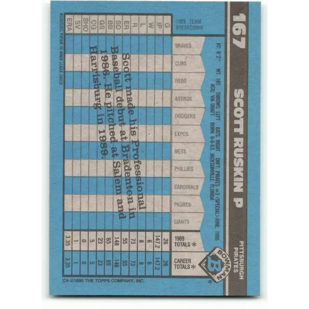1990 Bowman #167 Scott Ruskin NM-MT RC Rookie Pittsburgh Pirates Baseball Card - Baseball Card Single