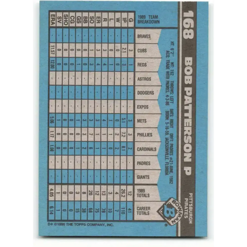 1990 Bowman #168 Bob Patterson NM-MT Pittsburgh Pirates Baseball Card - Baseball Card Single