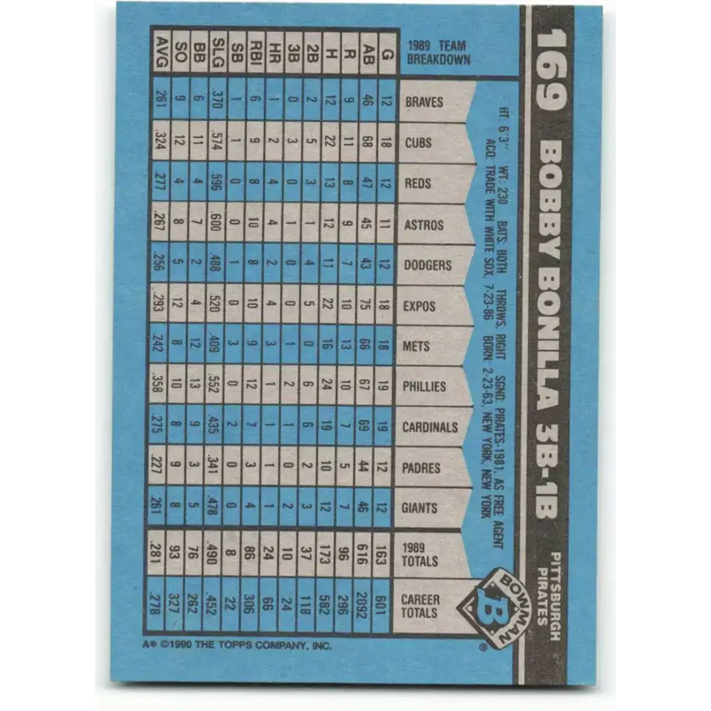 1990 Bowman #169 Bobby Bonilla NM-MT Pittsburgh Pirates Baseball Card - Baseball Card Single