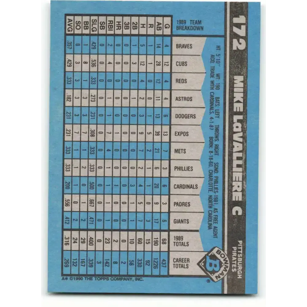 1990 Bowman #172 Mike LaValliere NM-MT Pittsburgh Pirates Baseball Card - Baseball Card Single