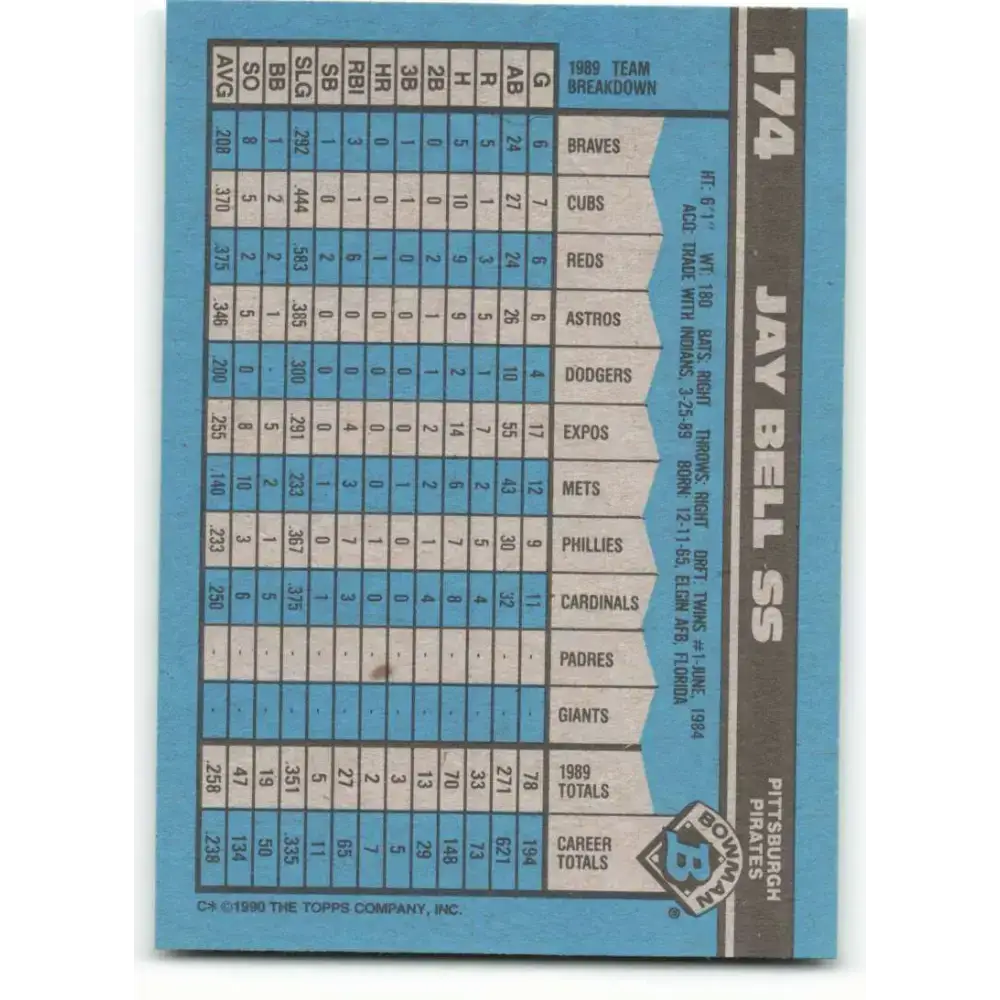 1990 Bowman #174 Jay Bell NM-MT Pittsburgh Pirates Baseball Card - Baseball Card Single