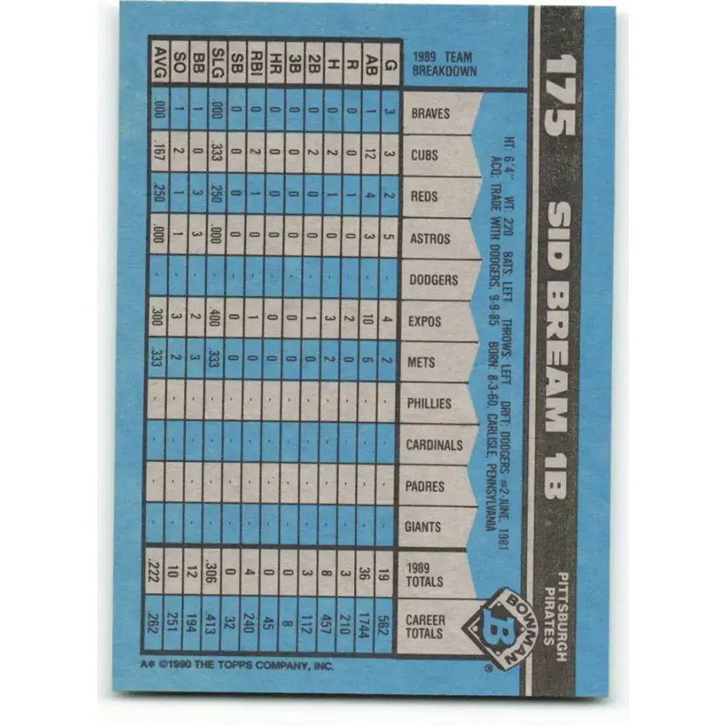 1990 Bowman #175 Sid Bream NM-MT Pittsburgh Pirates Baseball Card - Baseball Card Single