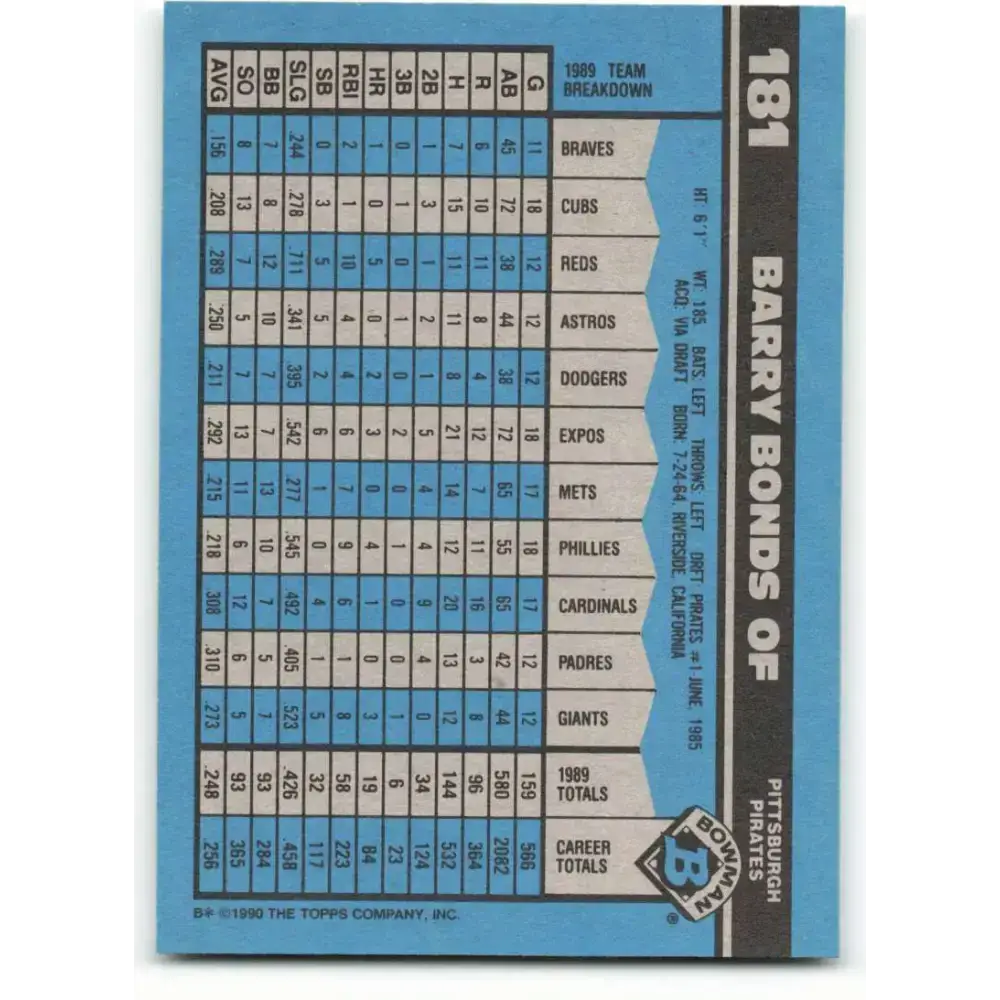 1990 Bowman #181 Barry Bonds NM-MT Pittsburgh Pirates Baseball Card - Baseball Card Single