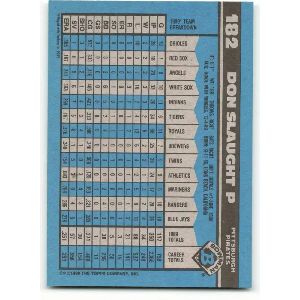 1990 Bowman #182 Don Slaught NM-MT Pittsburgh Pirates Baseball Card - Baseball Card Single