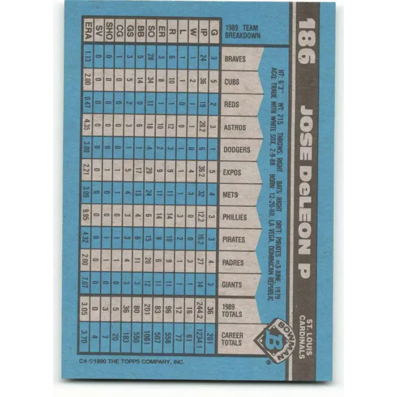 1990 Bowman #186 Jose DeLeon NM-MT St. Louis Cardinals Baseball Card - Baseball Card Single