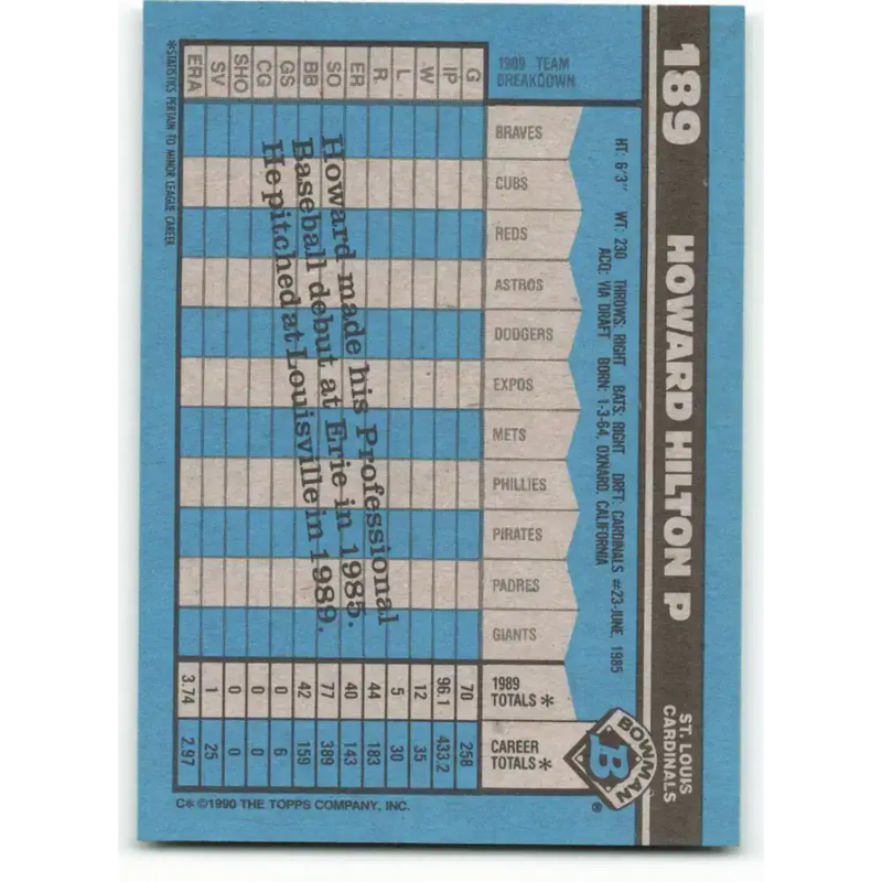 1990 Bowman #189 Howard Hilton NM-MT RC Rookie St. Louis Cardinals Baseball Card - Baseball Card Single