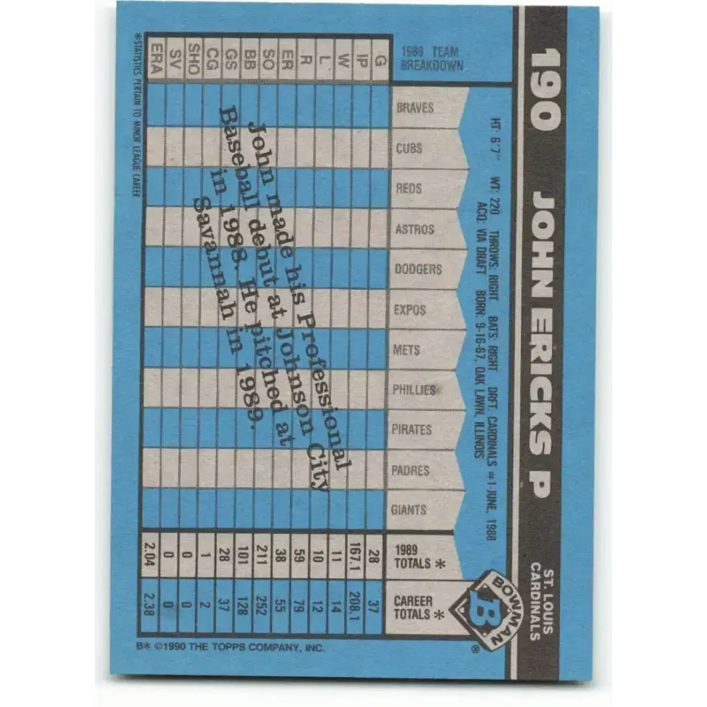 1990 Bowman #190 John Ericks NM-MT St. Louis Cardinals Baseball Card - Baseball Card Single