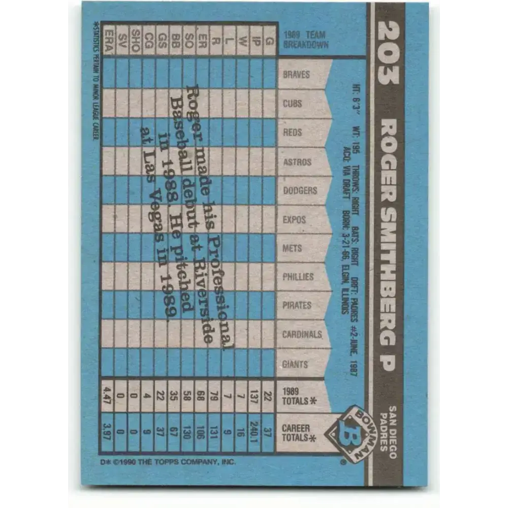 1990 Bowman #203 Roger Smithberg NM-MT RC Rookie San Diego Padres Baseball Card - Baseball Card Single