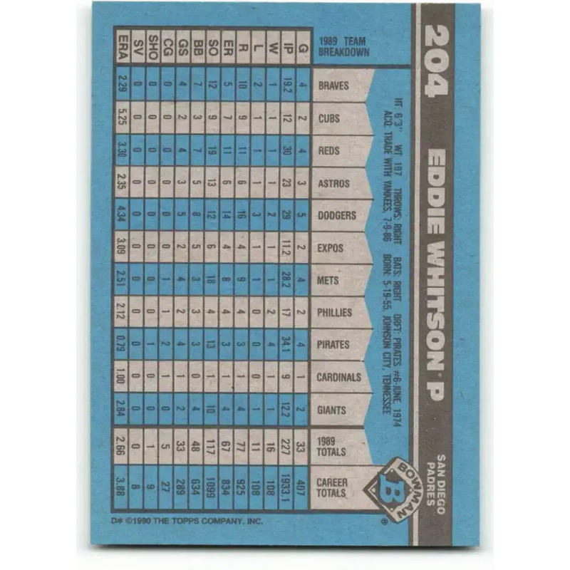 1990 Bowman #204 Ed Whitson NM-MT San Diego Padres Baseball Card - Baseball Card Single