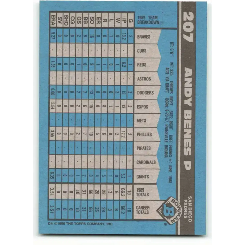 1990 Bowman #207 Andy Benes NM-MT San Diego Padres Baseball Card - Baseball Card Single