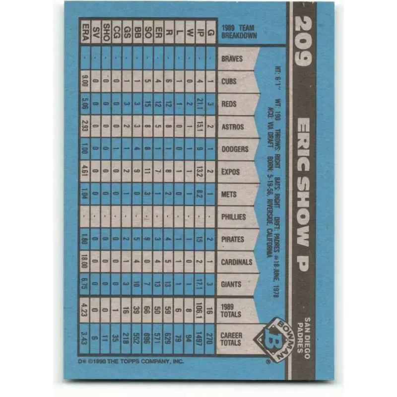 1990 Bowman #209 Eric Show NM-MT San Diego Padres Baseball Card - Baseball Card Single