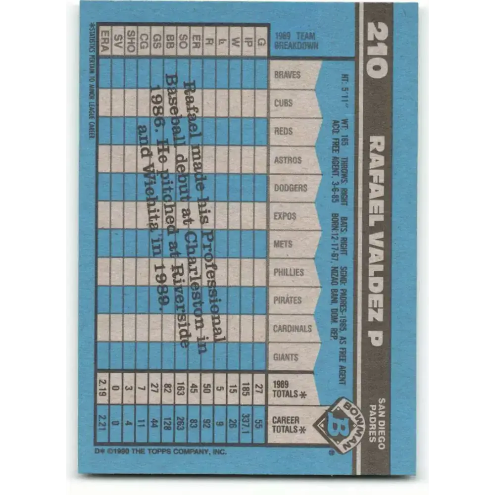 1990 Bowman #210 Rafael Valdez NM-MT RC Rookie San Diego Padres Baseball Card - Baseball Card Single
