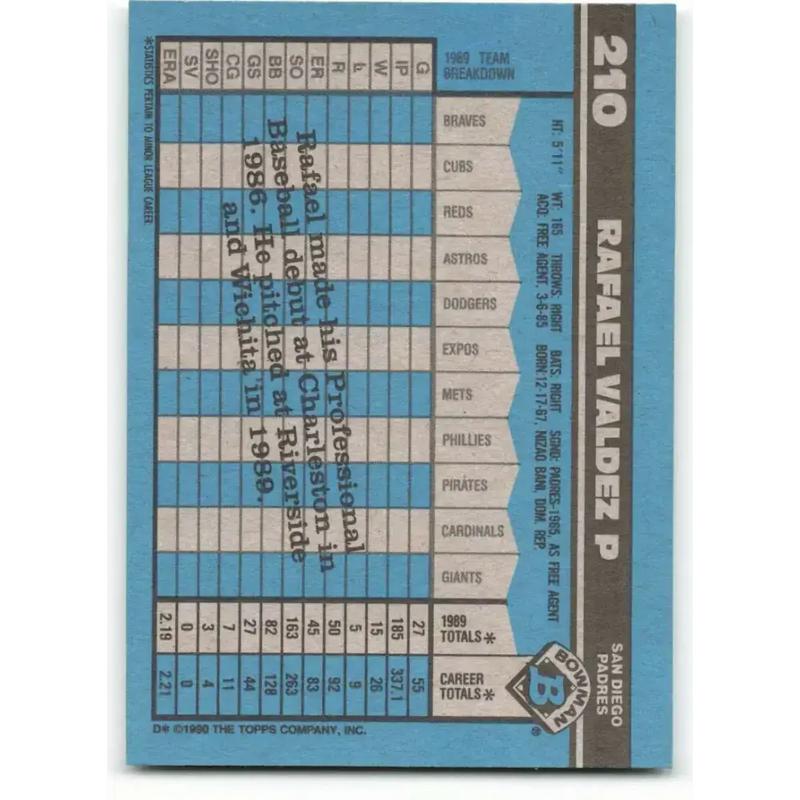 1990 Bowman #210 Rafael Valdez NM-MT RC Rookie San Diego Padres Baseball Card - Baseball Card Single