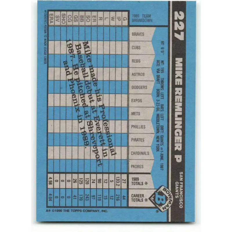 1990 Bowman #227 Mike Remlinger NM-MT RC Rookie San Francisco Giants Baseball Card - Baseball Card Single