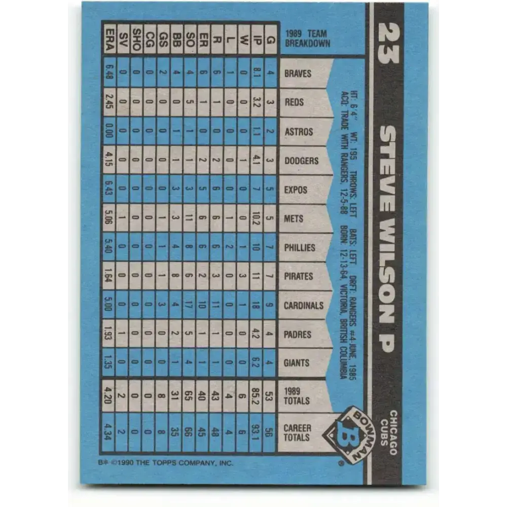 1990 Bowman #23 Steve Wilson NM-MT Chicago Cubs Baseball Card - Baseball Card Single