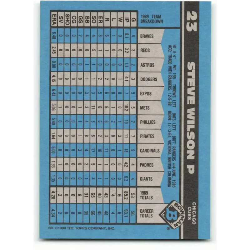1990 Bowman #23 Steve Wilson NM-MT Chicago Cubs Baseball Card - Baseball Card Single