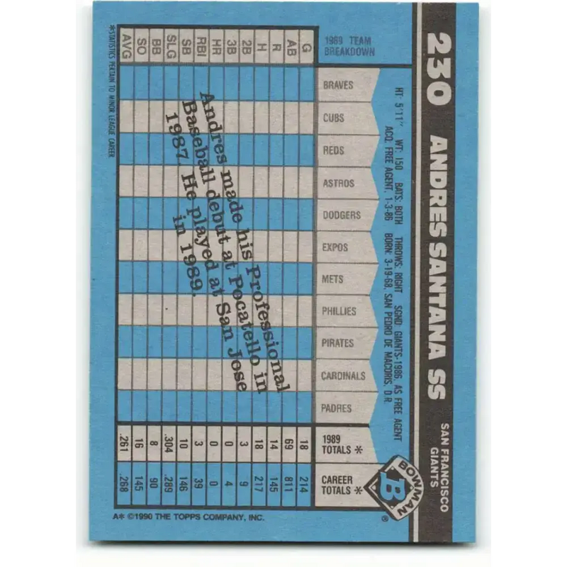 1990 Bowman #230 Andres Santana NM-MT RC Rookie San Francisco Giants Baseball Card