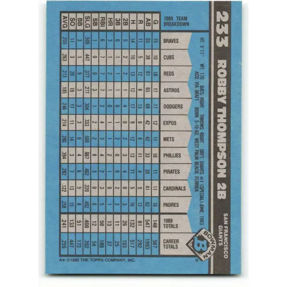 1990 Bowman #233 Robby Thompson NM-MT San Francisco Giants Baseball Card - Baseball Card Single