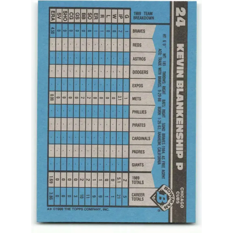 1990 Bowman #24 Kevin Blankenship NM-MT Chicago Cubs Baseball Card - Baseball Card Single