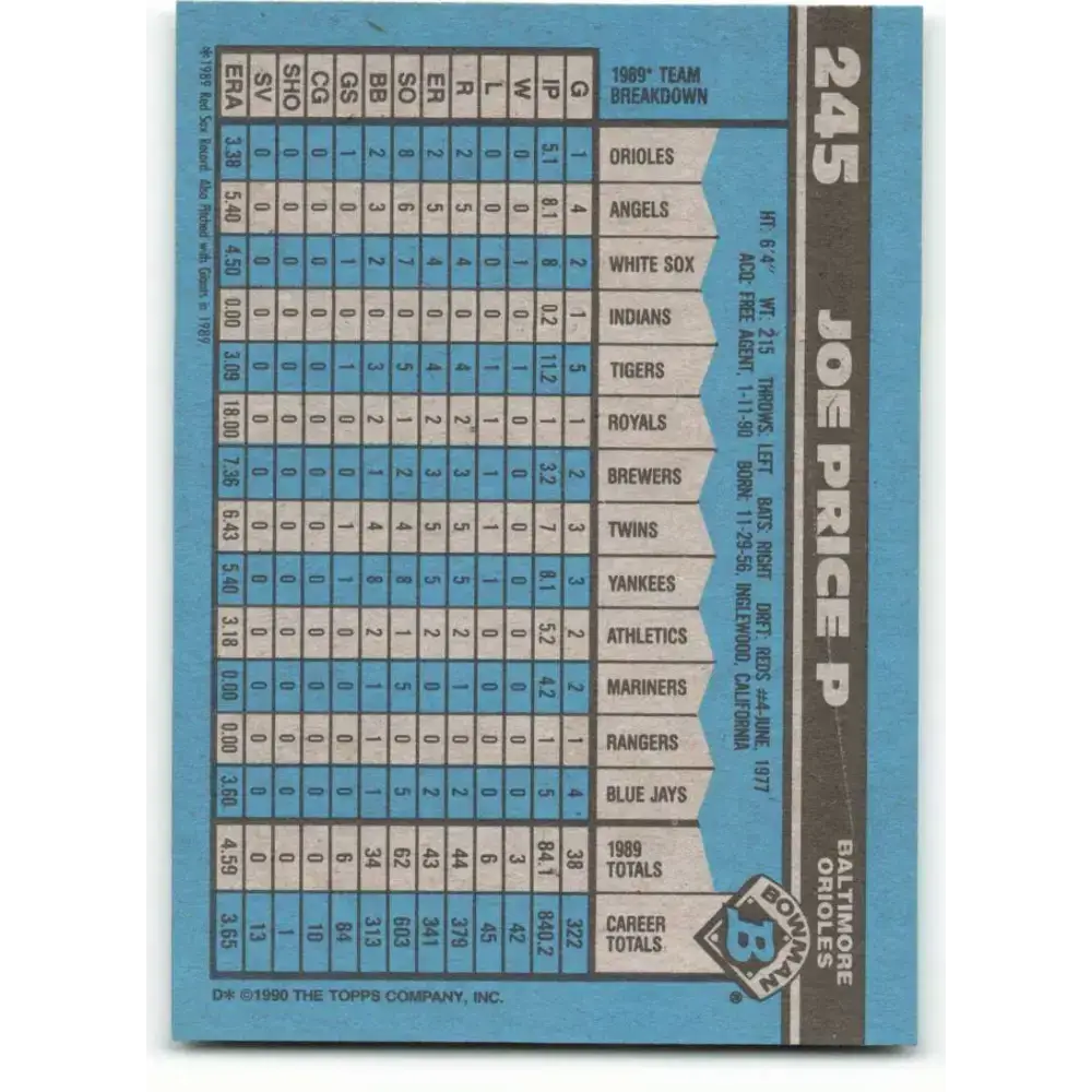 1990 Bowman #245 Joe Price NM-MT Baltimore Orioles Baseball Card - Baseball Card Single