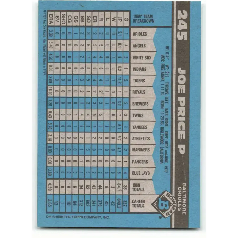 1990 Bowman #245 Joe Price NM-MT Baltimore Orioles Baseball Card - Baseball Card Single