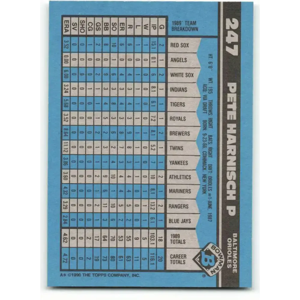 1990 Bowman #247 Pete Harnisch NM-MT Baltimore Orioles Baseball Card - Baseball Card Single