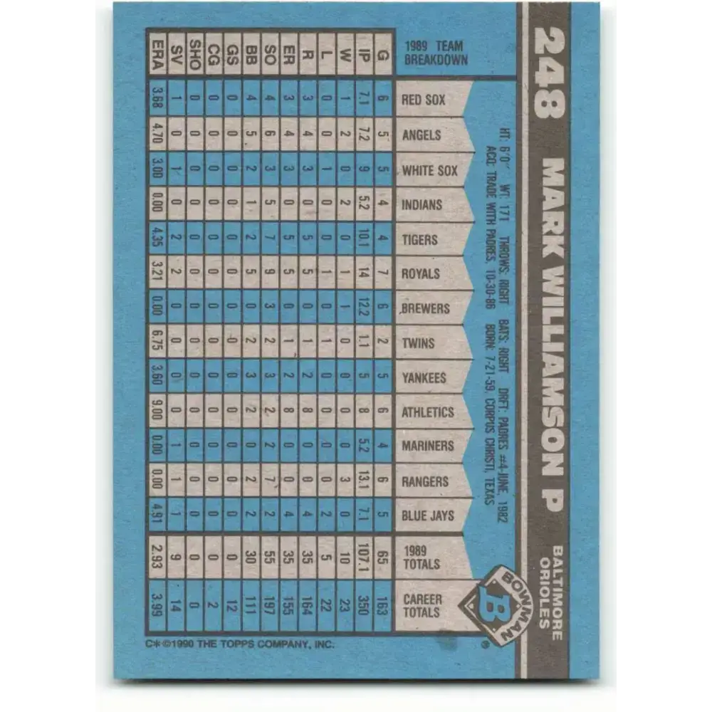 1990 Bowman #248 Mark Williamson NM-MT Baltimore Orioles Baseball Card - Baseball Card Single