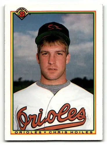 Chris Hoiles Baltimore Orioles baseball card from 1990 Bowman #259 displayed