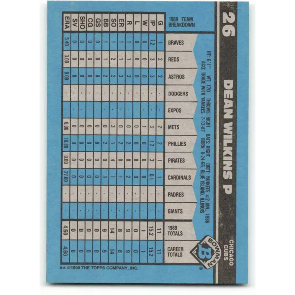 1990 Bowman #26 Dean Wilkins NM-MT RC Rookie Chicago Cubs Baseball Card - Baseball Card Single