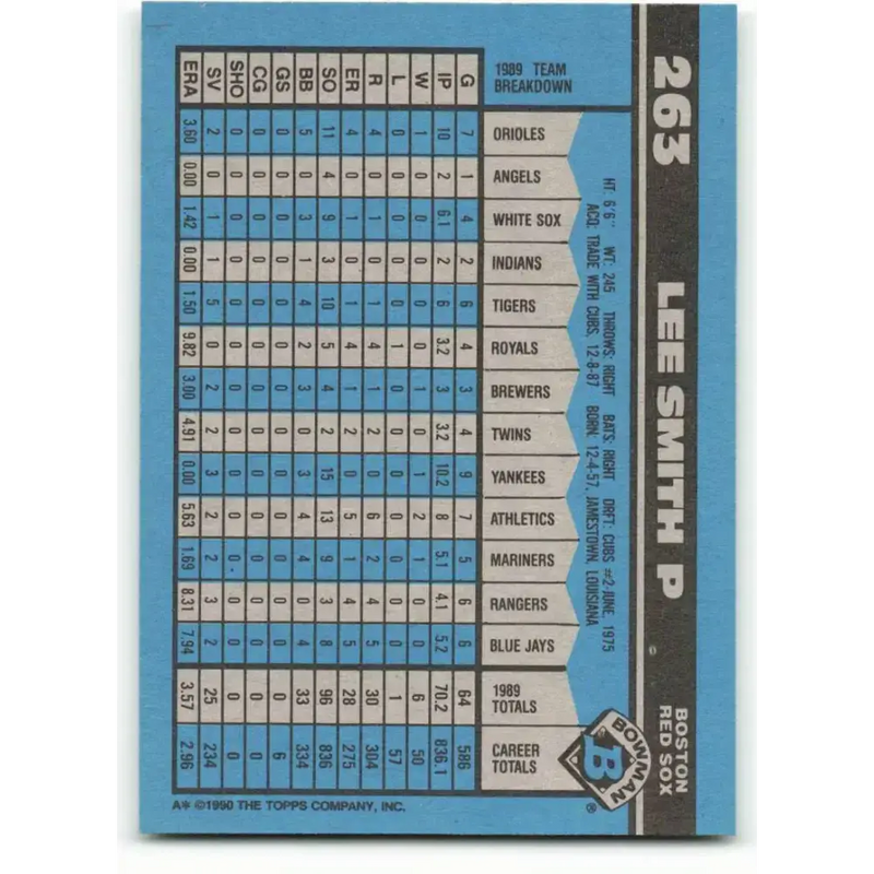 1990 Bowman #263 Lee Smith NM-MT Boston Red Sox Baseball Card - Baseball Card Single