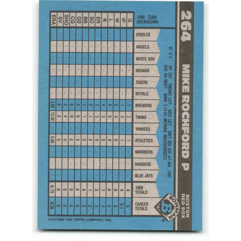 1990 Bowman #264 Mike Rochford NM-MT Boston Red Sox Baseball Card - Baseball Card Single
