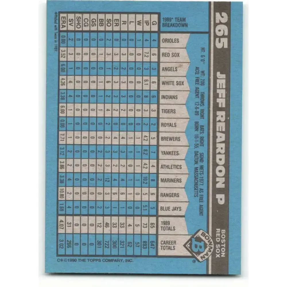 1990 Bowman #265 Jeff Reardon NM-MT Boston Red Sox Baseball Card - Baseball Card Single
