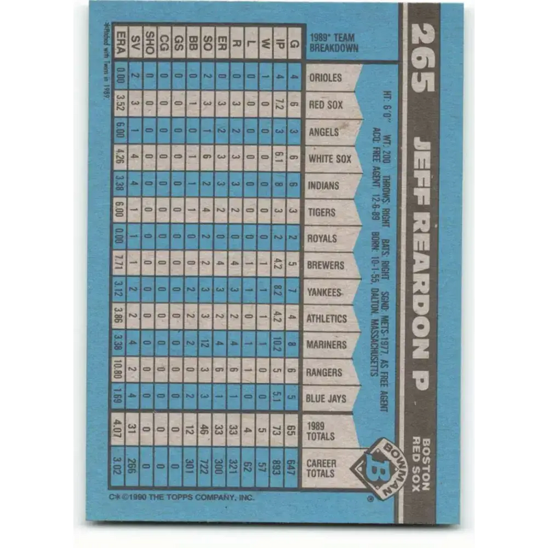 1990 Bowman #265 Jeff Reardon NM-MT Boston Red Sox Baseball Card - Baseball Card Single