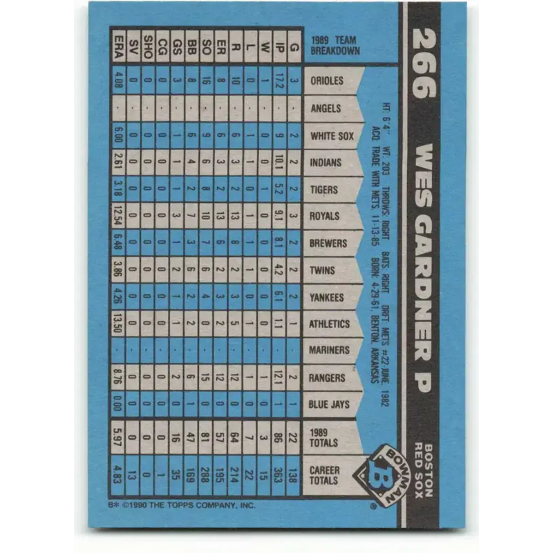 1990 Bowman #266 Wes Gardner NM-MT Boston Red Sox Baseball Card - Baseball Card Single