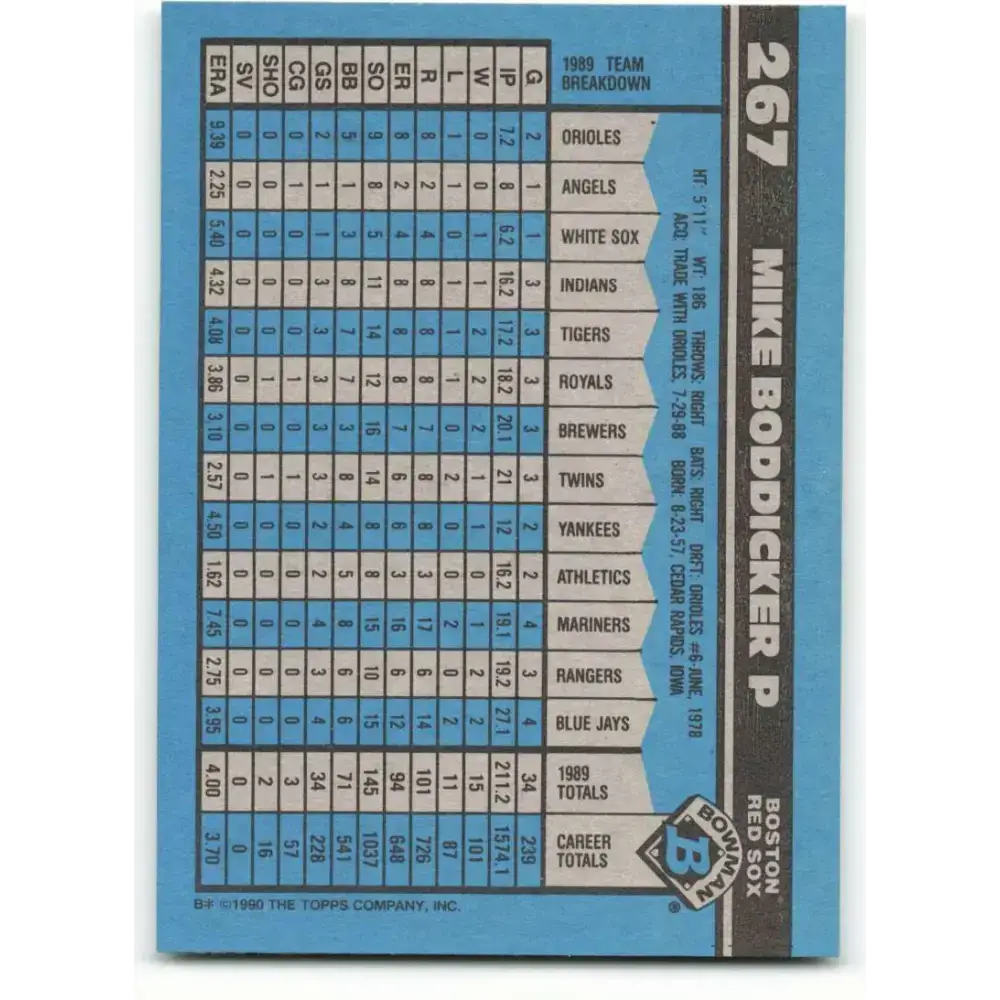 1990 Bowman #267 Mike Boddicker NM-MT Boston Red Sox Baseball Card - Baseball Card Single