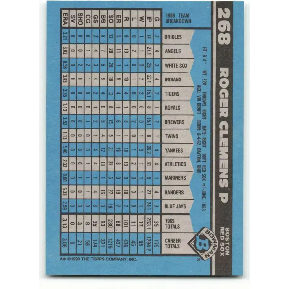 1990 Bowman #268 Roger Clemens NM-MT Boston Red Sox Baseball Card - Baseball Card Single