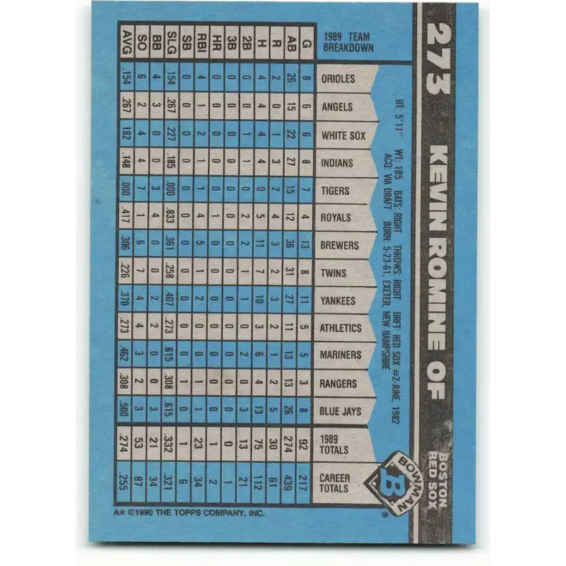1990 Bowman #273 Kevin Romine NM-MT Boston Red Sox Baseball Card - Baseball Card Single