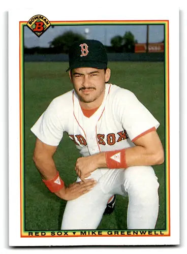 Original gloss Mike Greenwell baseball card from 1990 Bowman featuring Red Sox player