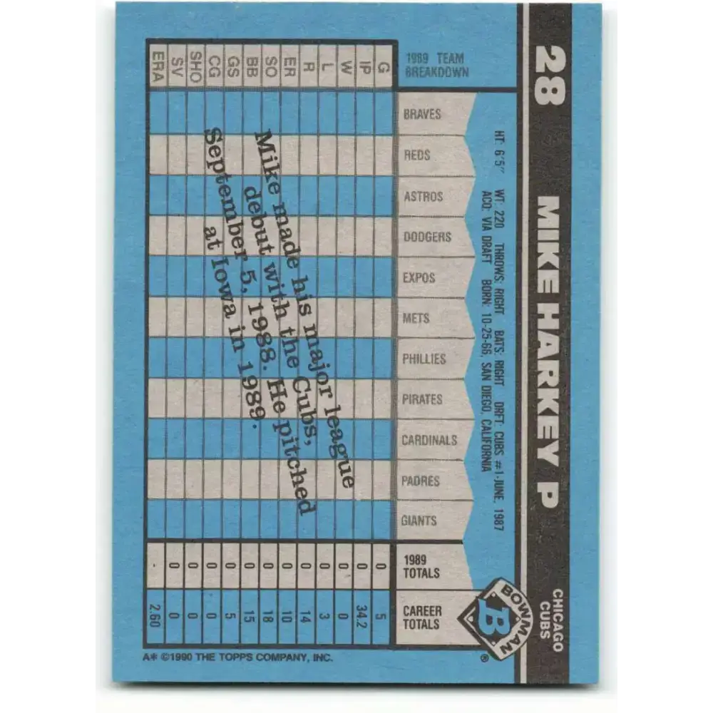 1990 Bowman #28 Mike Harkey NM-MT Chicago Cubs Baseball Card - Baseball Card Single