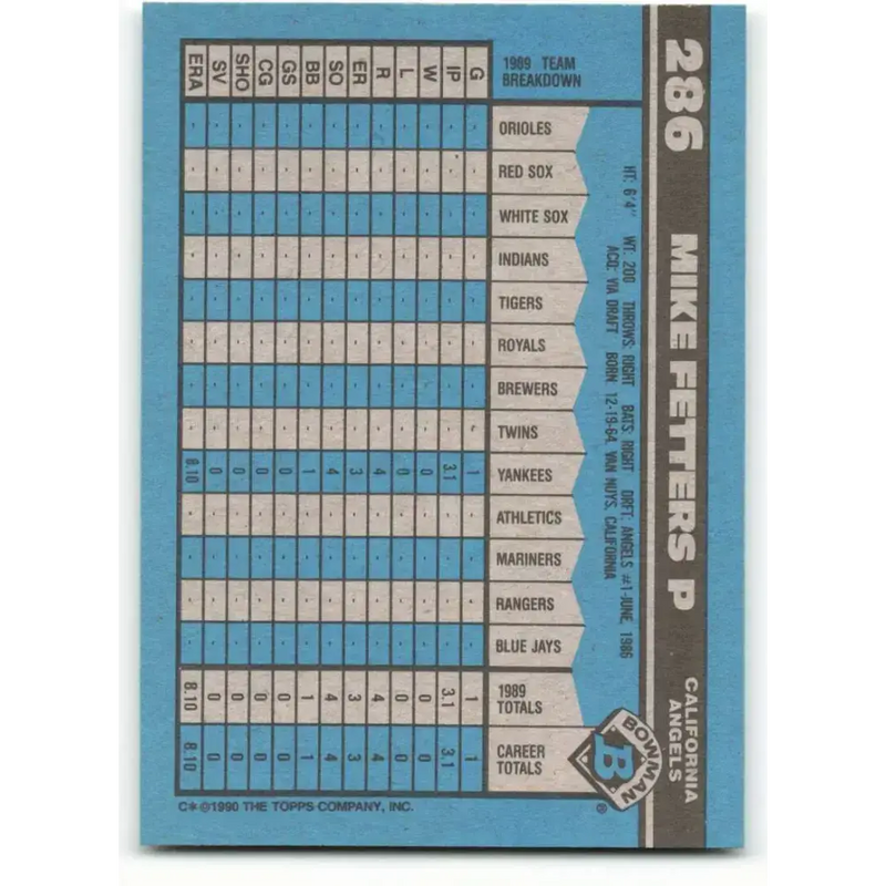 1990 Bowman #286 Mike Fetters NM-MT RC Rookie California Angels Baseball Card - Baseball Card Single