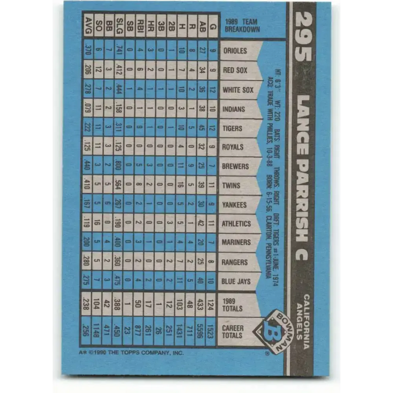 1990 Bowman #295 Lance Parrish NM-MT California Angels Baseball Card - Baseball Card Single