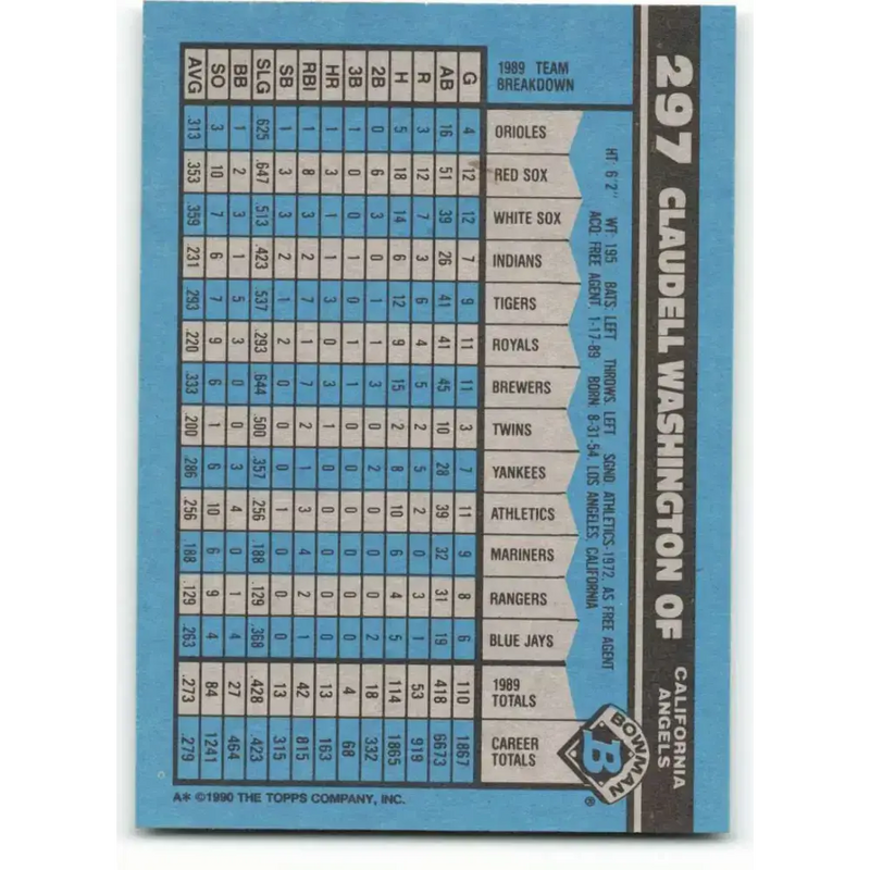 1990 Bowman #297 Claudell Washington NM-MT California Angels Baseball Card - Baseball Card Single