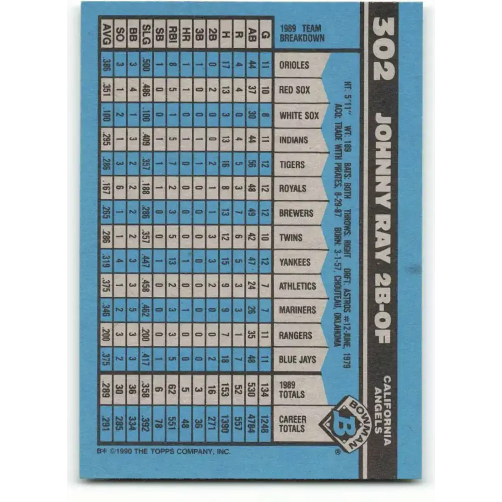 1990 Bowman #302 Johnny Ray NM-MT California Angels Baseball Card - Baseball Card Single
