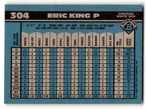 Eric King Chicago White Sox baseball card from 1990 Bowman series for collectors