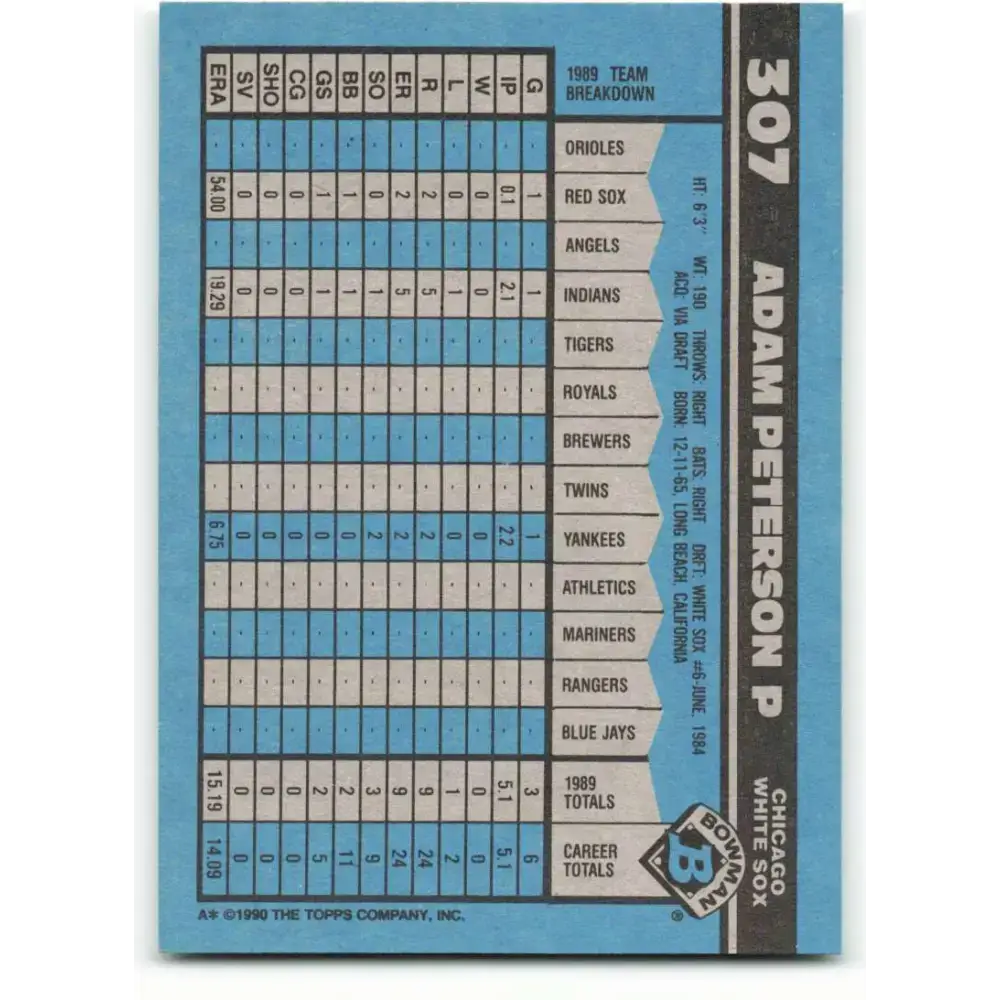 1990 Bowman #307 Adam Peterson NM-MT Chicago White Sox Baseball Card - Baseball Card Single
